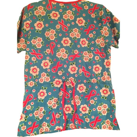 Dickies Scrub Top Breast Cancer Ribbon Cross Body V neck Tie Blue Pink - Picture 2 of 7